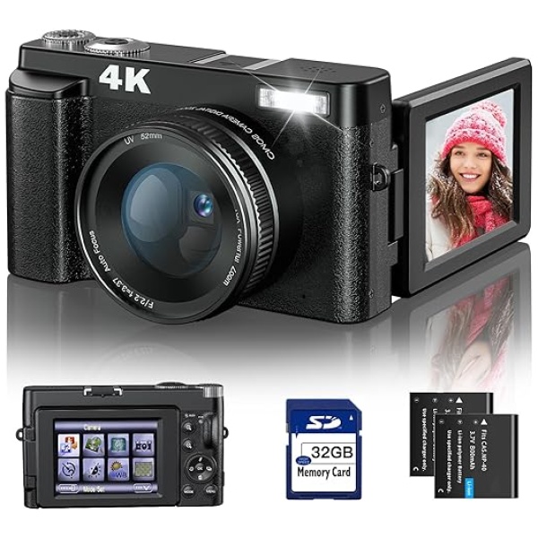 4K Digital Camera for Photography and Video Autofocus Anti-Shake, 48MP Vlogging Camera with SD Card, 3'' 180° Flip Screen Compact Camera with...