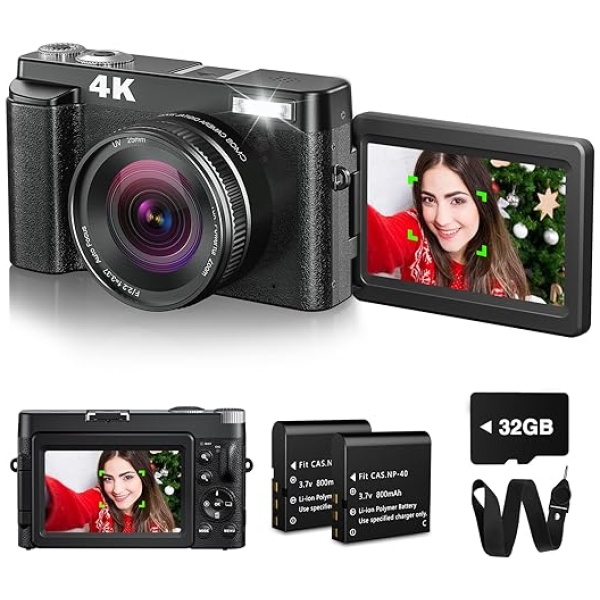 4K Digital Camera for Photography with 32GB Card Autofocus, 48MP Vlogging Camera for YouTube with Flash, Anti-Shake, 16x Zoom, 3'' 180° Flip Screen...