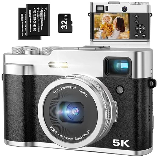 5K Digital Camera for Photography Autofocus 48MP Vlogging Camera for YouTube 16X Digital Zoom Point and Shoot Cameras with SD Card, 2 Batteries,...