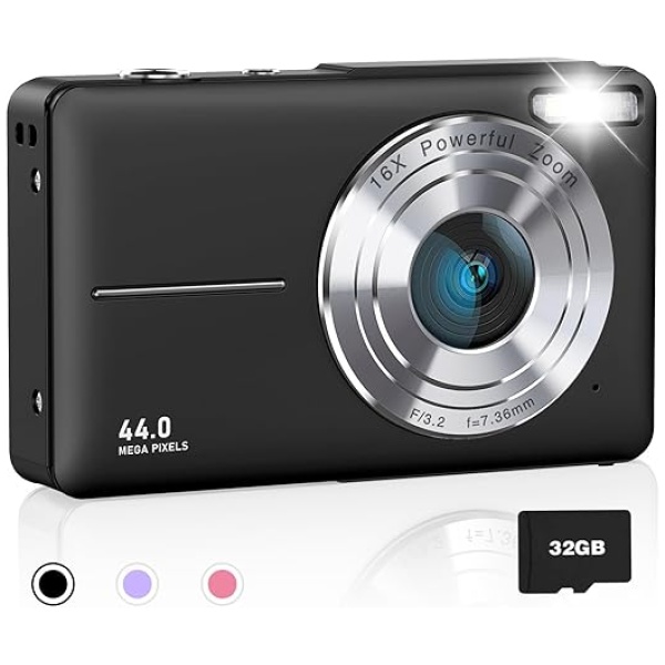 AiTechny Digital Camera, 1080P FHD Camera for Kids, 44MP Point and Shoot Digital Camera with 32GB Card, Fill Light, 16X Zoom, Anti-Shake, Compact...