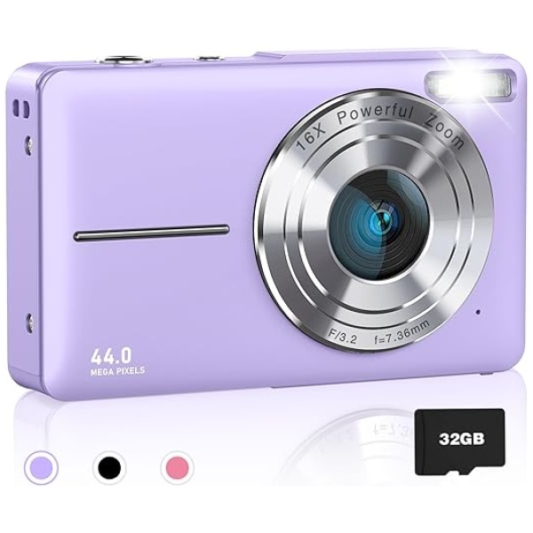 AiTechny Digital Camera, FHD 1080P Kids Camera, 44MP Point and Shoot Cameras for Pictures with 32GB Card, 16X Zoom, Lanyard, Portable Travel Mini...