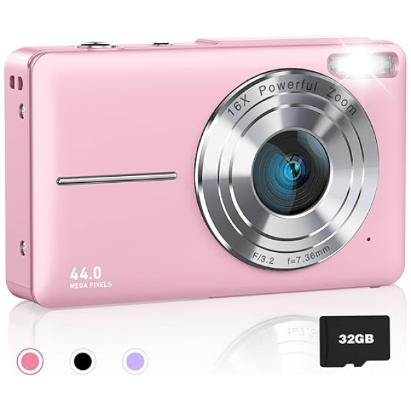 AiTechny Digital Camera for Kids, 1080P FHD Camera, 44MP Point and Shoot Digital Camera for Pictures with 32GB Card, 16X Zoom, Compact Small...