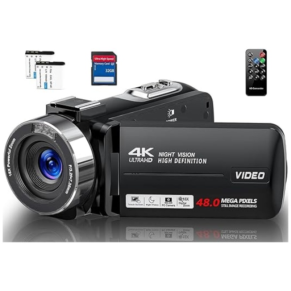 Camcorder Video Camera 4K Ultra 48MP with IR Night Vision,18X Digital Zoom Camcorder Recorder 3" 270° Rotation Touch screen Vlogging Camera for...