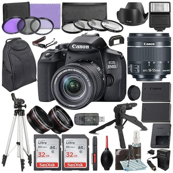 Camera Bundle for Canon EOS 850D / Rebel T8i DSLR Camera with EF-S 18-55mm f/4-5.6 is STM Lens and Accessories Kit (64GB, Hand Grip Tripod, Flash,...