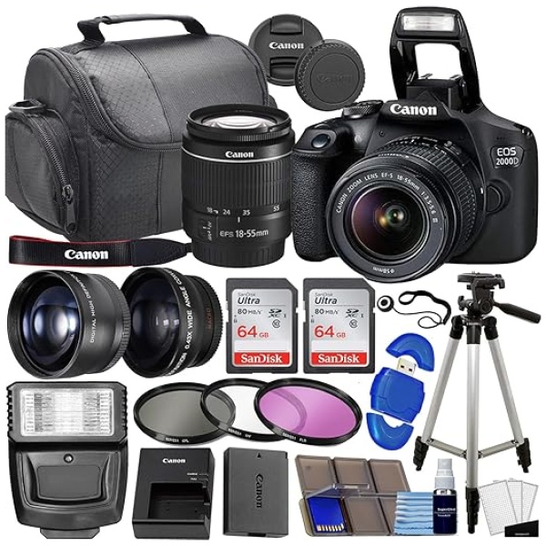 Canon EOS 2000D / Rebel T7 DSLR Camera w/EF-S 18-55mm f/3.5-5.6 Lens 3 Lens Kit Bundled with 128GB Memory + Wide Angle Lens + Telephoto Lens +...