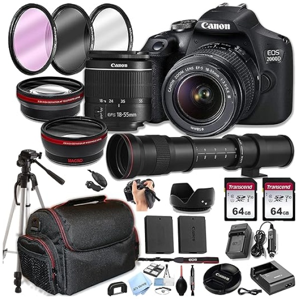 Canon EOS 2000D / Rebel T7 DSLR Camera w/EF-S 18-55mm F/3.5-5.6 Zoom Lens + 420-800mm Super Telephoto Lens + 128GB Memory,Case, Tripod, Spare...