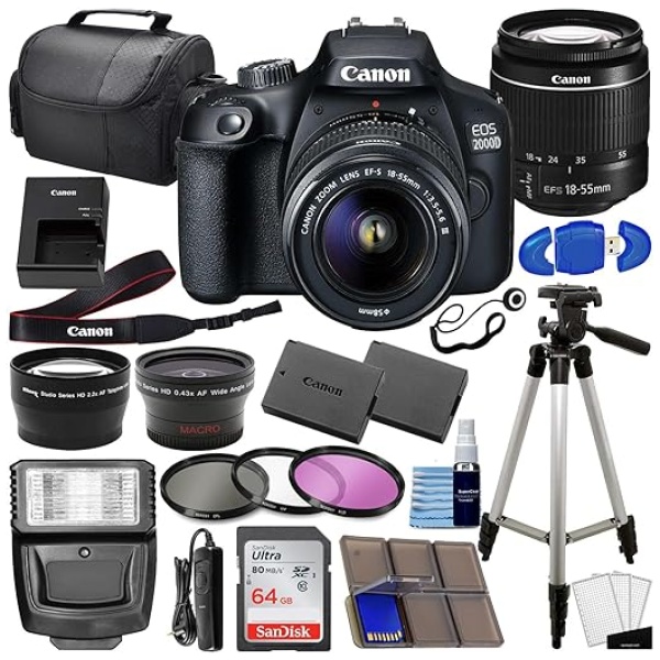 Canon EOS 2000D (Rebel T7) DSLR with 18-55mm Lens 3 Lens Kit Bundled with 64GB Memory Card, Extra Battery, 3PC Filter Kit, Tripod, Case + Complete...