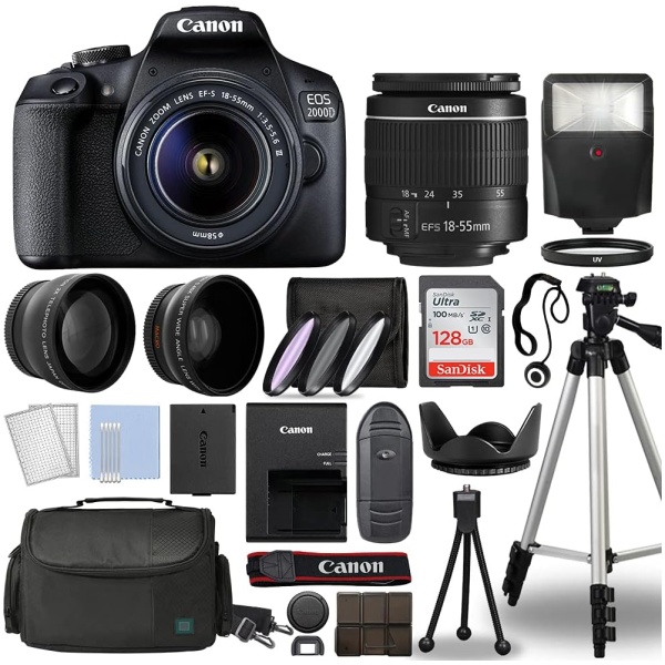 Canon EOS 2000D / SLR Camera + 3 Lens Kit 18-55mm + 16GB + Flash & More European Model [No ] (Renewed), 128gb Kit