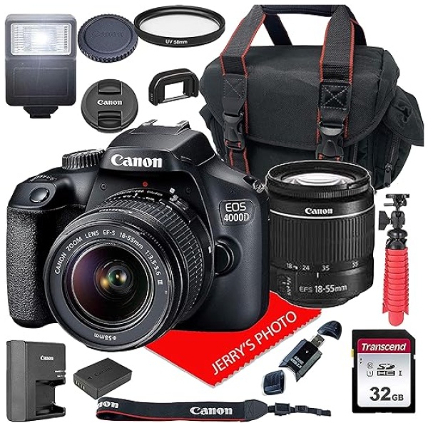 Canon EOS 4000D DSLR Camera w/Canon EF-S 18-55mm F/3.5-5.6 III Zoom Lens + Case + 32GB SD Card (15pc Bundle)