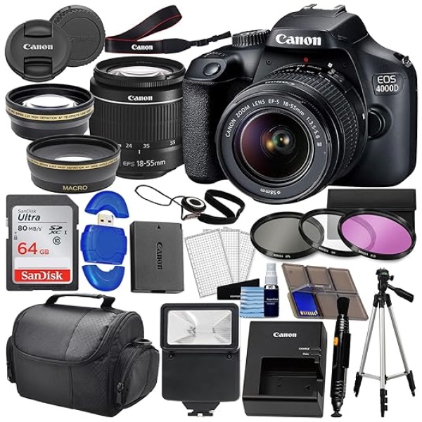 Canon EOS 4000D DSLR (Rebel T100) W/ 18-55mm Zoon Lens Kit |18 Megapixels CMOS | HD Video + Wide Angle Lens + Telephoto Lens, 64GB Memory, 3PC...