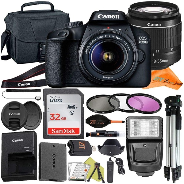 Canon EOS 4000D (Rebel T100) DSLR Camera 18-55mm Zoom Lens with ZeeTech Accessory Bundle, SanDisk 32GB Memory Card, Bag, Tripod and 3 Pieces Filter...