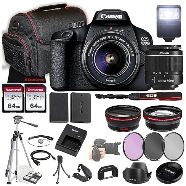 Canon EOS 4000D (Rebel T100) DSLR Camera w/18-55mm F/3.5-5.6 Zoom Lens + 2X 64GB Memory + Case + Filters + Tripod + More (35pc Bundle)