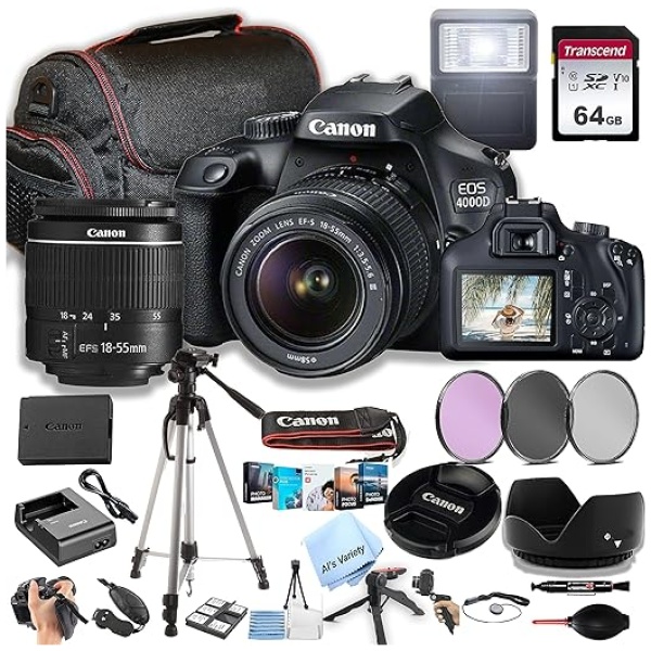 Canon EOS 4000D / Rebel T100 DSLR Camera w/EF-S 18-55mm F/3.5-5.6 Zoom Lens + 64GB Memory, Filters,Case, Tripod, Flash, and More (34pc Bundle)...