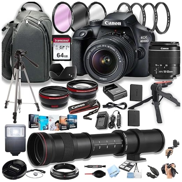 Canon EOS 4000D (Rebel T100) DSLR Camera w/EF-S 18-55mm F/3.5-5.6 Zoom Lens + 420-800mm Super Telephoto Lens + 100S Sling Backpack + 64GB Memory...