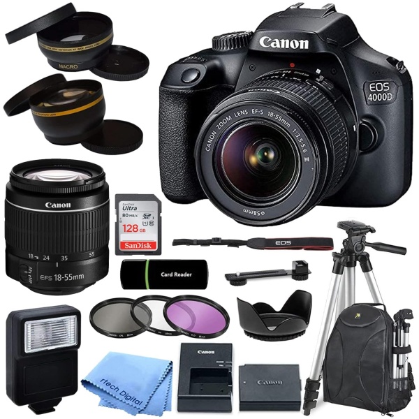 Canon EOS 4000D / Rebel T100 DSLR Camera with EF-S 18-55mm Zoom Lens + SanDisk 128GB Memory Card + Tripod + Case + Wideangle Lenses + Rtech Digital...