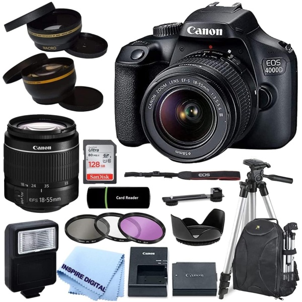 Canon EOS 4000D / Rebel T100 DSLR Camera with EF-S 18-55mm Zoom Lens + SanDisk 128GB Memory Card + Tripod + Case + Wideangle Lenses + Inspire...