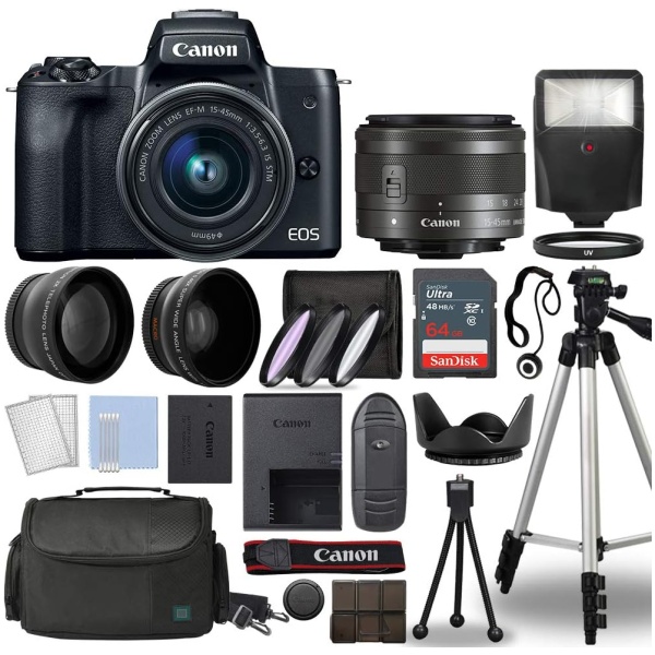 Canon EOS M50 Mark II Mirrorless Digital Camera Body Black with Canon EF-M 15-45mm f/3.5-6.3 STM Lens 3 Lens Kit with Complete Accessory Bundle +...