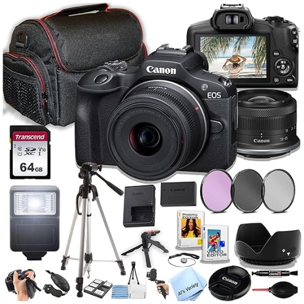 Canon EOS R100 Mirrorless Camera with 18-45mm Lens + 64GB Memory, Filters,Case, Tripod, Flash, and More (34pc Bundle)