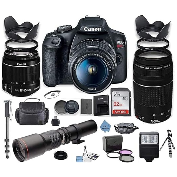 Canon EOS Rebel 2000D DSLR Camera with 18-55mm is II Lens Bundle + Canon EF 75-300mm f/4-5.6 III Lens and 500mm Preset Lens + 32GB Memory + Filters...