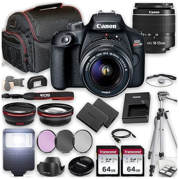 Canon EOS Rebel T100 DSLR Camera w/Canon EF-S 18-55mm f/3.5-5.6 III Lens + 2X 64GB Memory + Case + Filters + Tripod + More (35pc Bundle)