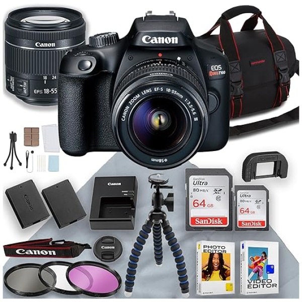 Canon EOS Rebel T100 DSLR Camera w/Canon EF-S 18-55mm Lens + 2pc 64GB Memory Card + Tripod + Photo and Video Editor + Cleaning Cloth & More