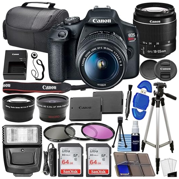 Canon EOS Rebel T7 DSLR Camera Bundle w/ Canon EF-S 18-55mm f/3.5-5.6 is II Lens + 2pc SanDisk 64GB Memory Cards, Wide Angle Lens, Telephoto Lens,...