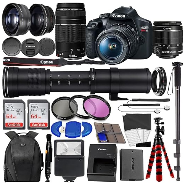 Canon EOS Rebel T7 DSLR Camera with 18-55mm is II Lens Bundle + Canon EF 75-300mm f/4-5.6 III Lens + 420-800mm HD SuperZoom Lens + 128GB Memory +...