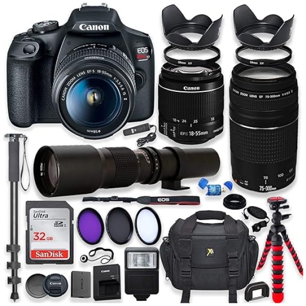 Canon EOS Rebel T7 DSLR Camera with 18-55mm is II Lens + Canon EF 75-300mm f/4-5.6 III Lens and 500mm Preset Lens + 32GB Memory + Filters + Monopod...