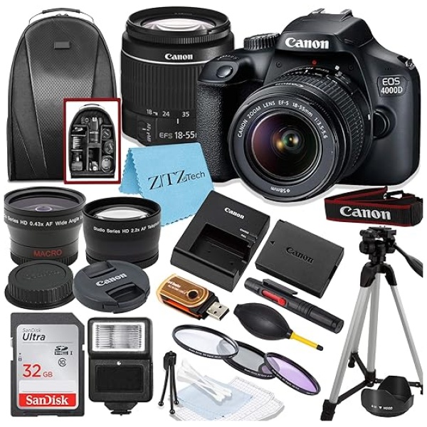 Canon EOS T100/4000D DSLR Camera with EF-S 18-55mm Lens, SanDisk Memory Card, Tripod, Flash, Backpack + ZeeTech Accessory Bundle (Canon 18-55mm,...