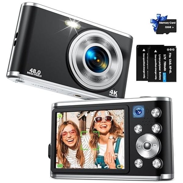 Digital Camera, Auto Focus FHD 4K Vlogging Camera with Dual Camera 48MP 16X Digital Zoom Kids Compact Camera with 32GB Memory Card Portable Point...