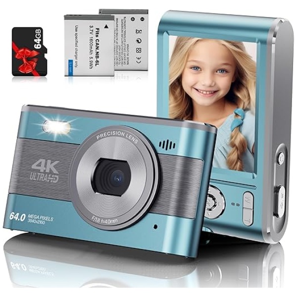 Digital Camera Full HD 4K Kids Digital Camera 64MP Compact Digital Camera with 64GB Card 18X Digital Zoom Point and Shoot Camera Portable Camera...