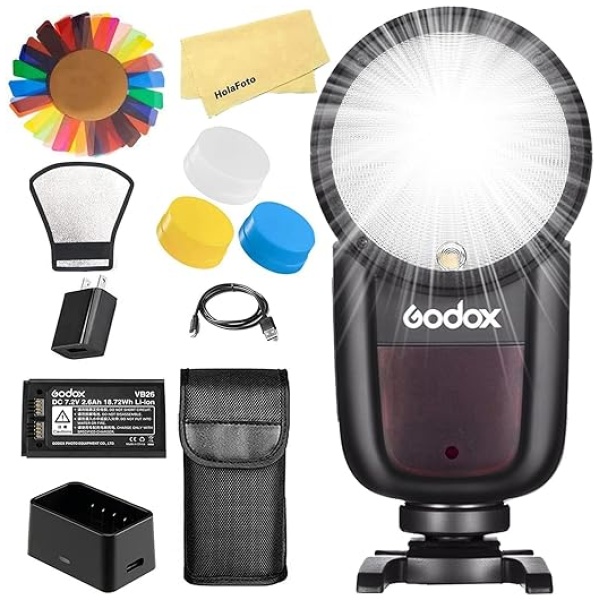 Godox V1-N Round Head Camera Flash for Nikon Flash Speedlight Speedlite Light,76Ws 2.4G 1/8000 HSS,480 Full Power Shots,1.5s Recycle Time,2600mAh...