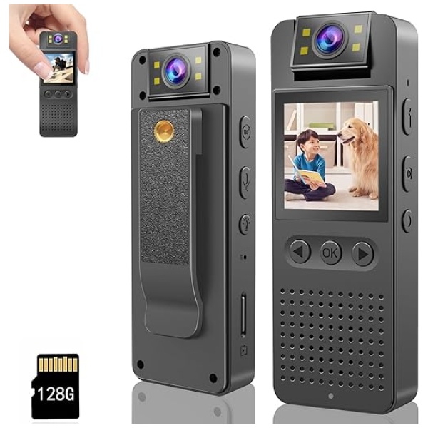 HONGHOO 128GB Pocket Camcorder,Body Cameras with Audio and Video Recording.180°Rotatable Lens True HD 1080P 1.4 in Screen to Playback Body Cam for...