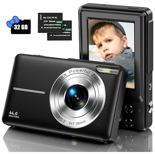 IWEUKJLO Digital Camera, Kids Camera with 32GB Card FHD 1080P 44MP Vlogging LCD Screen 16X Zoom Compact Portable Mini Rechargeable Gifts for...