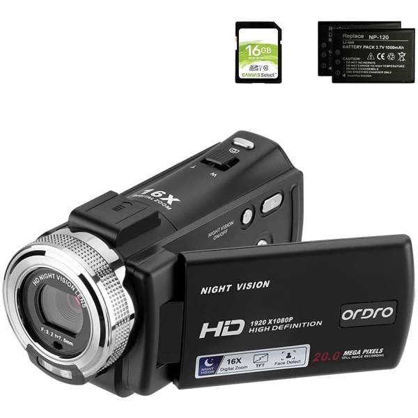 ORDRO Camcorders HDV-V12 HD 1080P Video Camera Recorder Infrared Night Vision Camera Camcorders with 16G SD Card and 2 Batteries