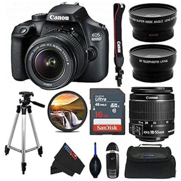 PixiBytes EOS 4000D DSLR Camera with 18-55mm f/3.5-5.6 III Lens with 50-Inch Tripod and Pixi Advanced Bundle (International Version) (Renewed)