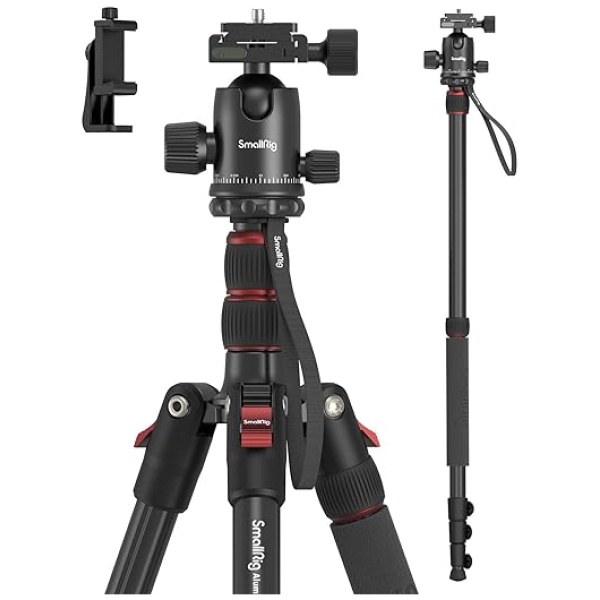 SmallRig 71" Camera Tripod, Foldable Aluminum Tripod & Monopod, 360°Ball Head Detachable, Payload 33lb, Adjustable Height from 16" to 71" for...