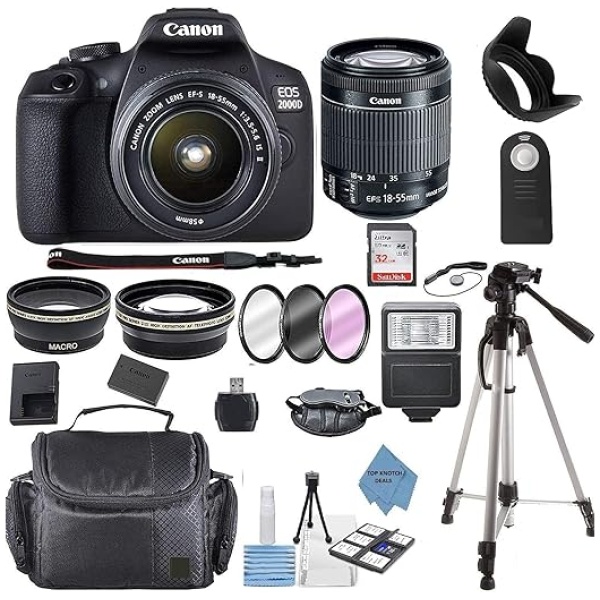 Ultimate Deals Canon EOS 2000D (Rebel T7) DSLR Camera w/Canon EF-S 18-55mm F/3.5-5.6 Zoom Lens + Case + 32GB Memory Card + TopKnotch Kit (Renewed)