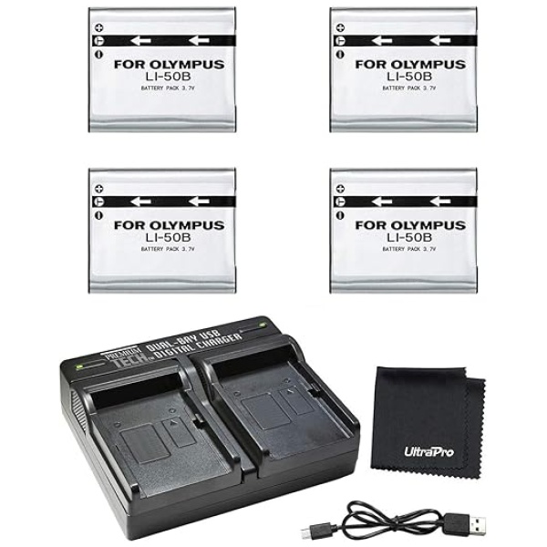 UltraPro 4-Pack LI-50B High-Capacity Replacement Batteries w/Rapid Dual Charger for Select Olympus Cameras Bundle Includes: Deluxe Microfiber...