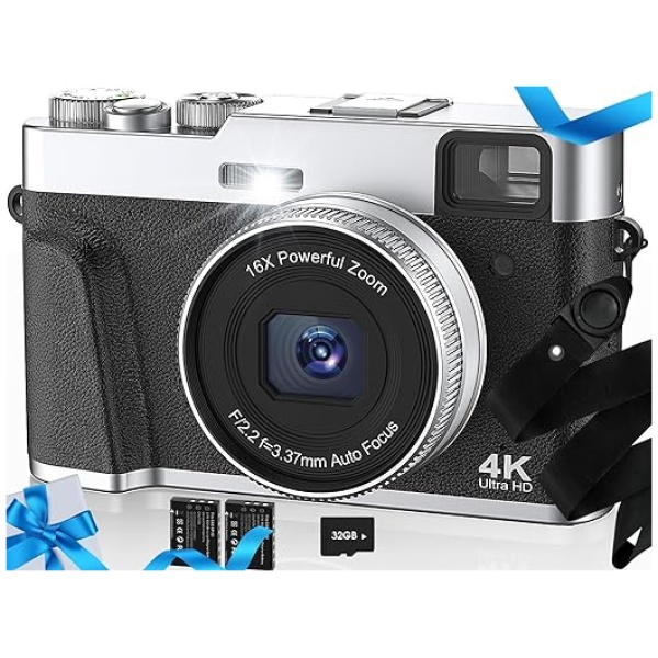 Upgraded 4K Digital Camera with SD Card Autofocus,48MP Point and Shoot Camera with Flash Viewfinder & Dial,Vlogging Camera Anti-Shake,16X Zoom...