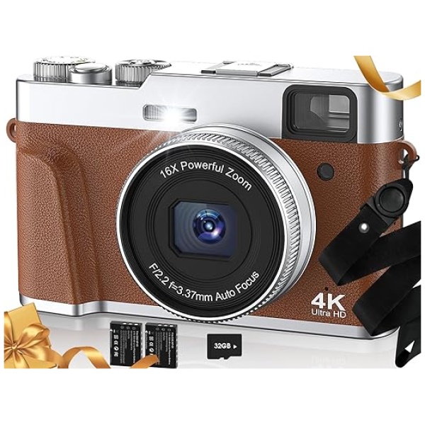 Upgraded 4K Digital Camera with SD Card Autofocus,48MP Point and Shoot Camera with Flash Viewfinder & Dial,Vlogging Camera Anti-Shake,16X Zoom...