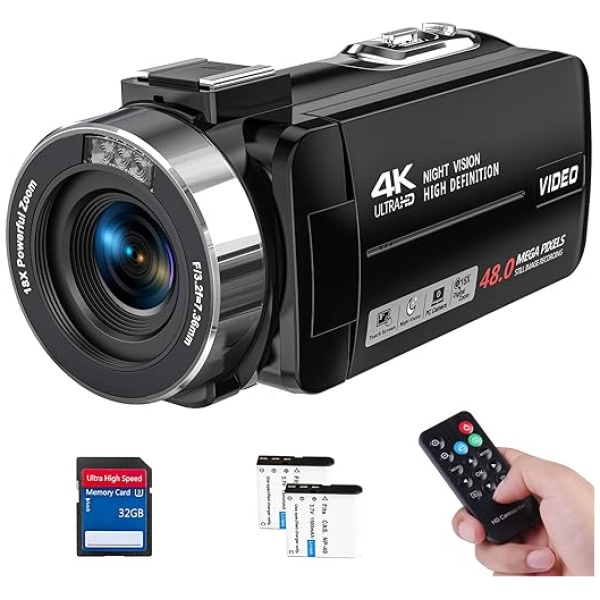 Video Camera Camcorder 4K Ultra 48MP IR Night Vision Camcorder,18X Digital Zoom Camcorder Recorder 3" Rotation Touchscreen Vlogging Camera for...