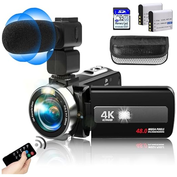 Video Camera Camcorder with Microphone, HD 4K Video Recorder Camera with IR Night Vision Vlogging Camera for YouTube Kids Camcorder with 3" Touch...